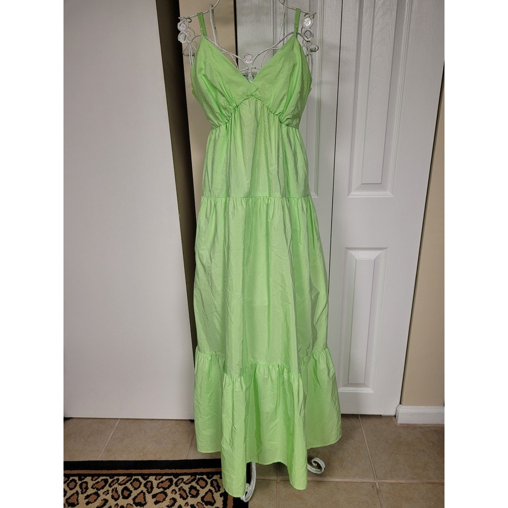 A New Day Lime Green Tiered Maxi Dress Back Cutout Sleeveless Pockets Womens‎ M